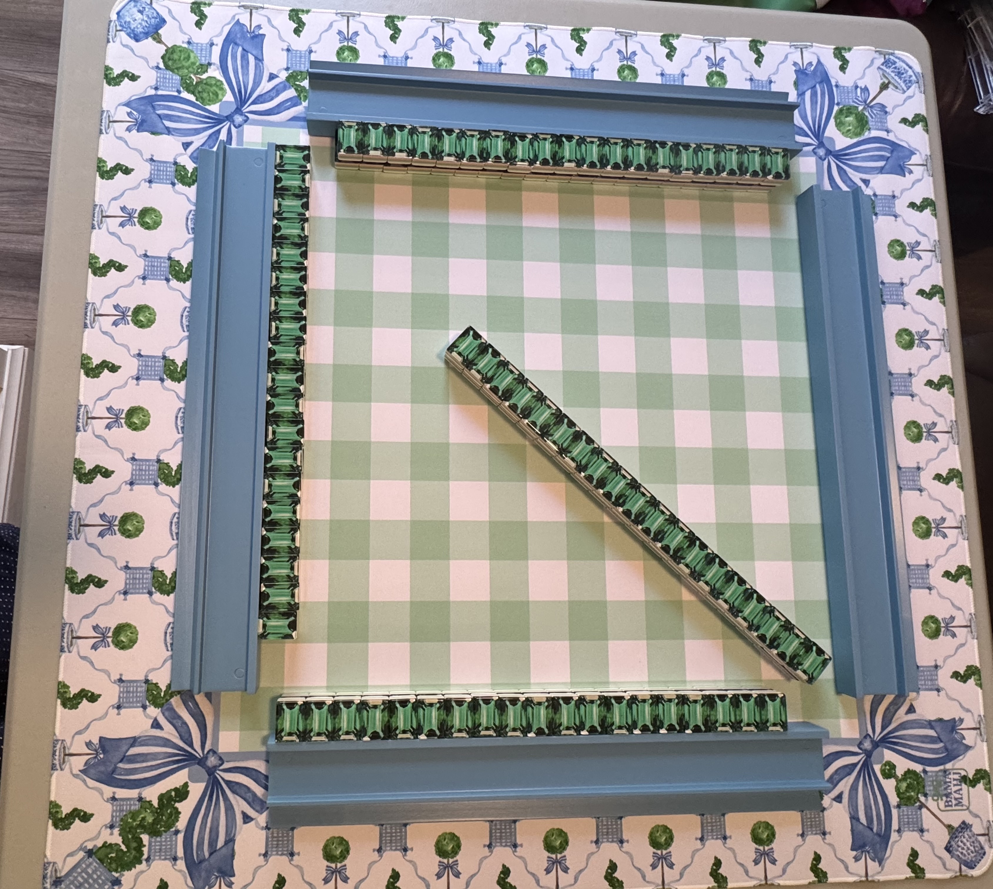 Emerald tiles, Topiary mat, French Blue wooden racks