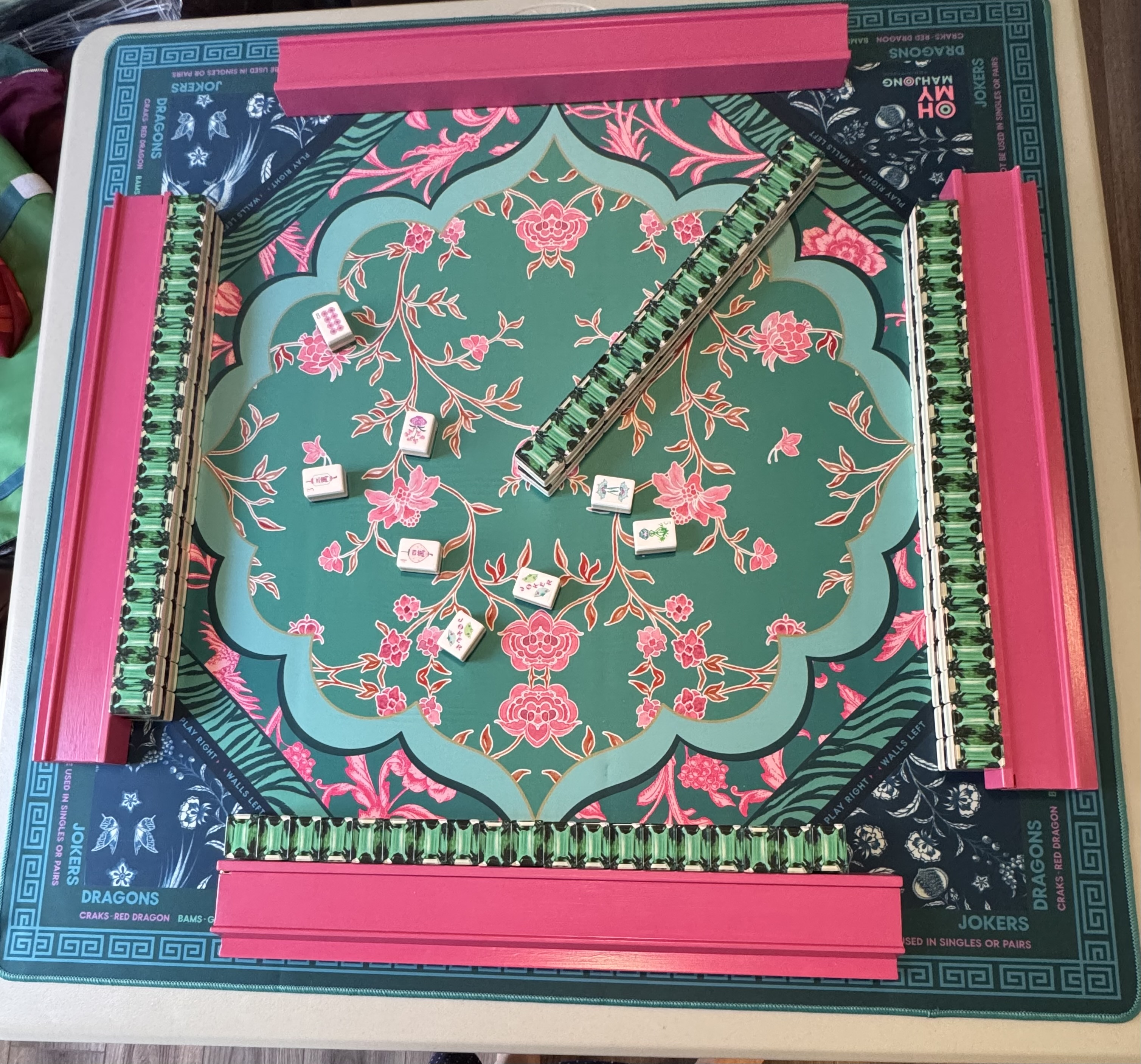 Emerald tiles, Esme mat, Hot pink racks