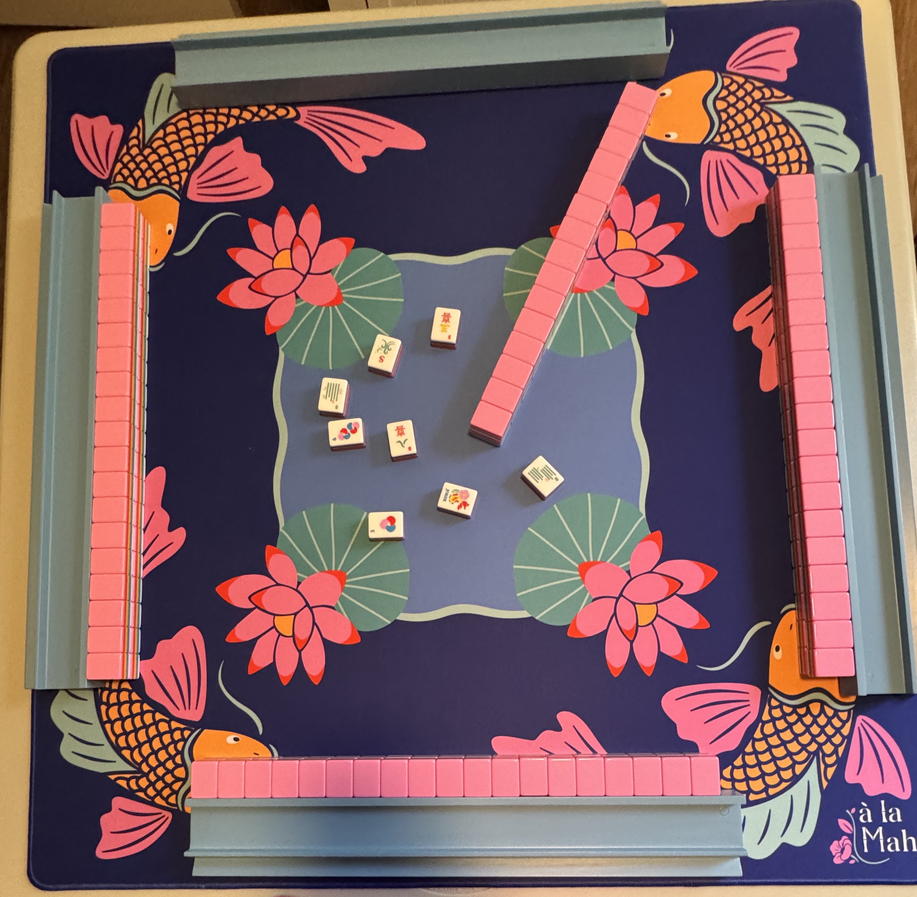 Happy Go Lucky tiles and mat, pink racks, French blue wooden racks