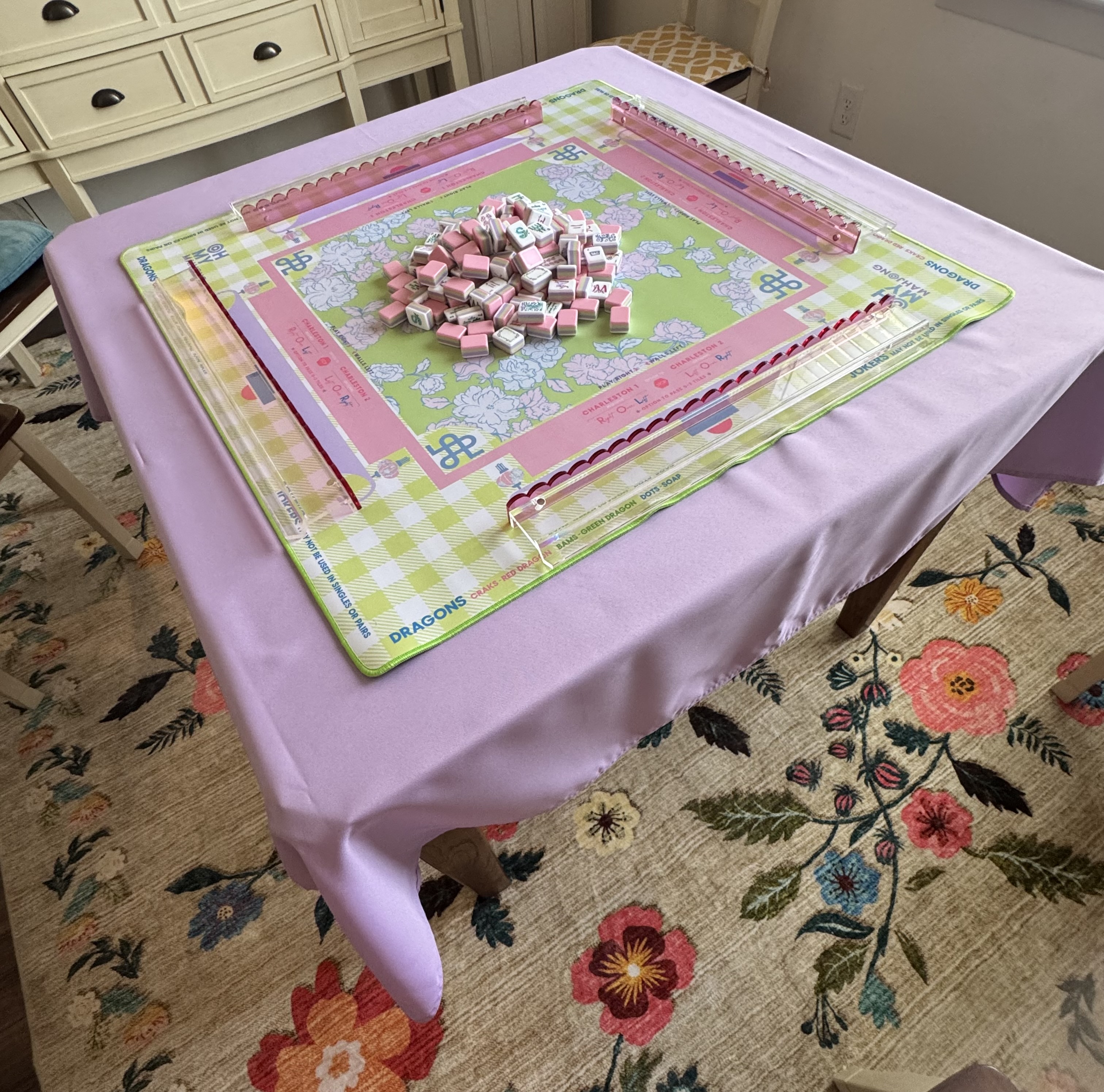 Virora Petalee tiles, Garden Party mat, clear racks with pink pushers