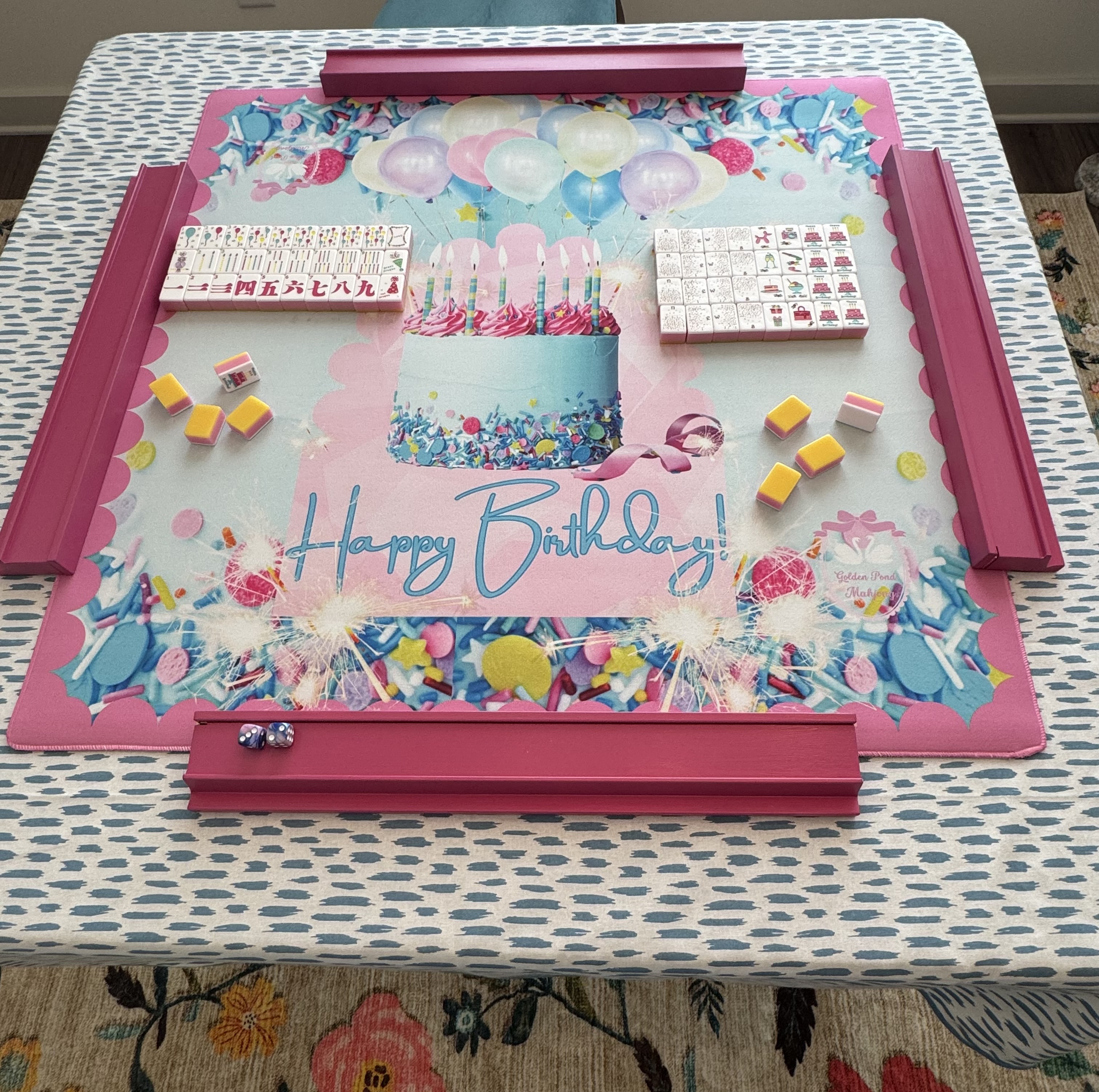 Happy Birthday tiles and mat with hot pink racks