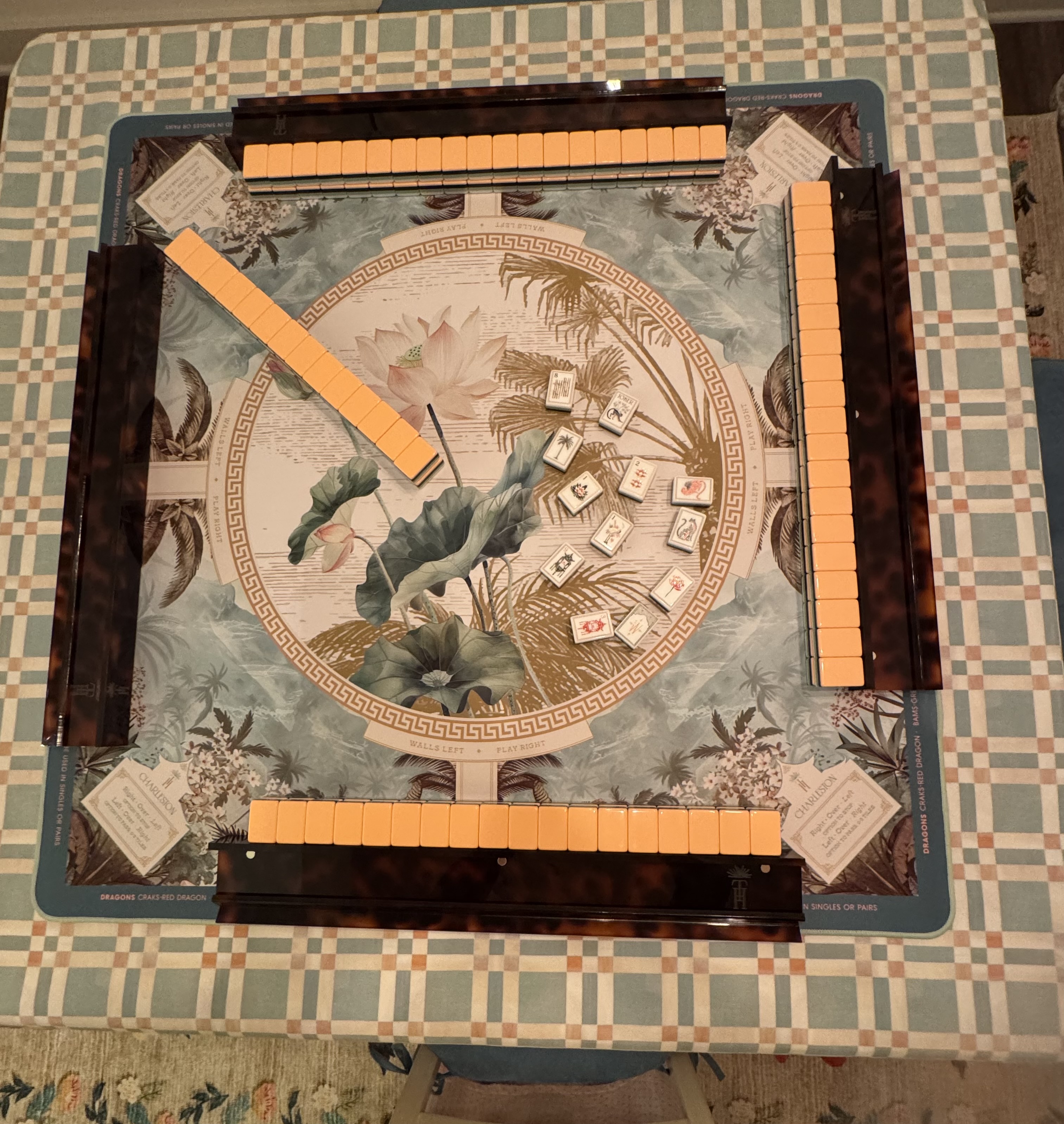 White Lotus Peach tiles, White Lotus mat and tortoise shell racks all from The Tile Haus